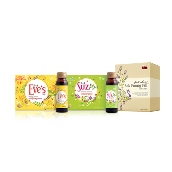 Gold Label Bak Foong Pills 14gm*6 packs (L) + Suz Plus with Orange + Eve's with Pomegranate
